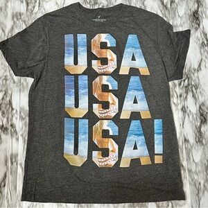 American Eagle Outfitters Gray and Blue Short Sleeve Tee USA Stars And Stripes